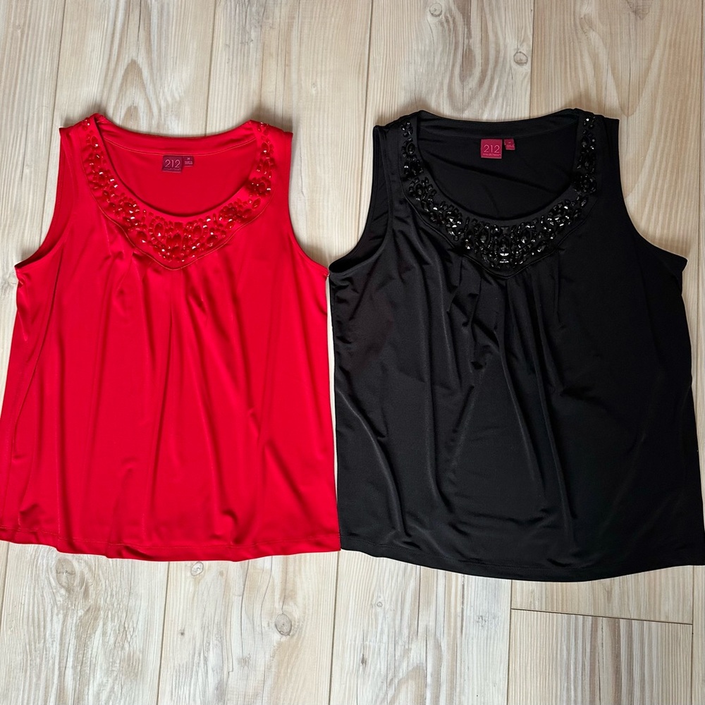 2 Sleeveless Tops: Red & Black with Embellished Crew Neck